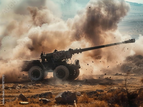Artillery Cannon Firing During Military Exercise in Arid Landscape