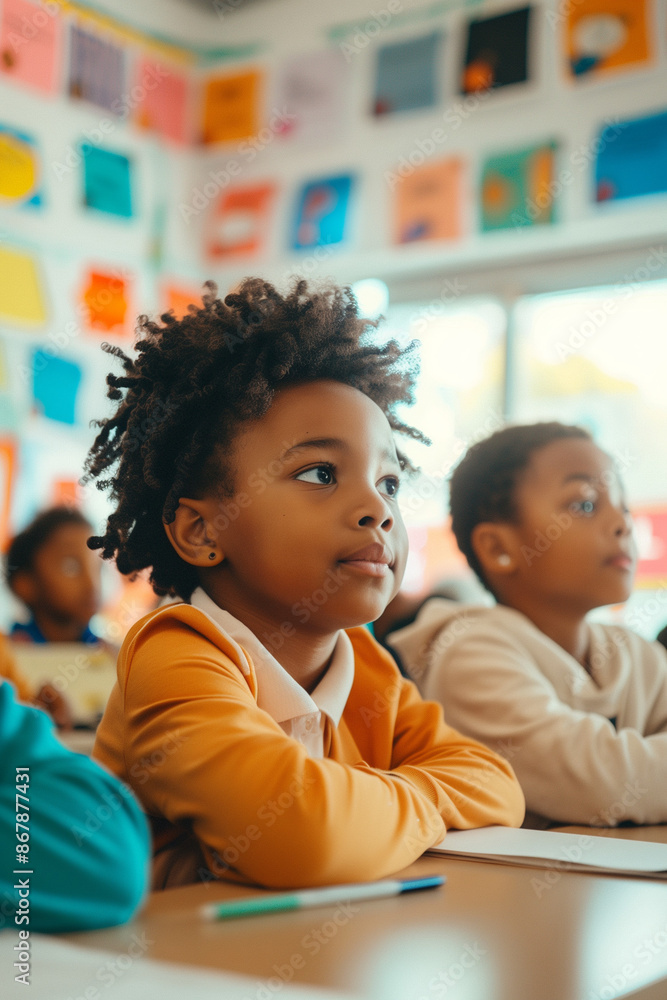 Black students sit at desks in a decorated classroom. The stage conveys the excitement and energy of the new school year, while colorful decorations create a festive atmosphere. Black students sit at desks in a decorated classroom. The stage conveys the excitement and energy of the new school year, while colorful decorations create a festive atmosphere.