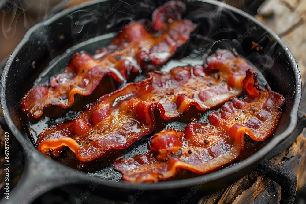 Crispy Bacon Sizzling in a Cast Iron Skillet Crispy Bacon Sizzling in a Cast Iron Skillet