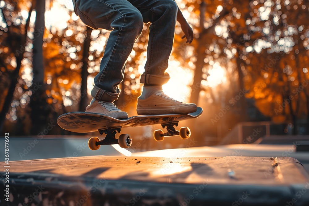 Skateboarder Performing Tricks at Sunset in a Park Skateboarder Performing Tricks at Sunset in a Park