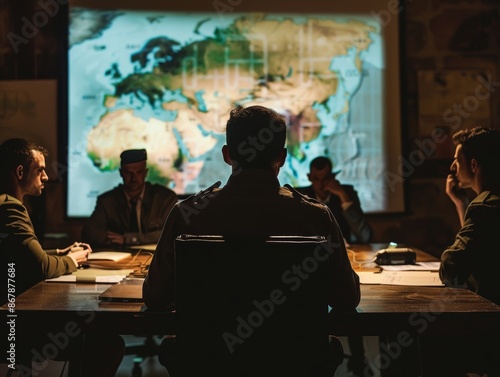 Military Leaders Gather Around World Map in Dimly Lit Room