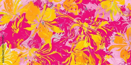 Bright and colorful floral pattern featuring pink and yellow flowers on a dar...