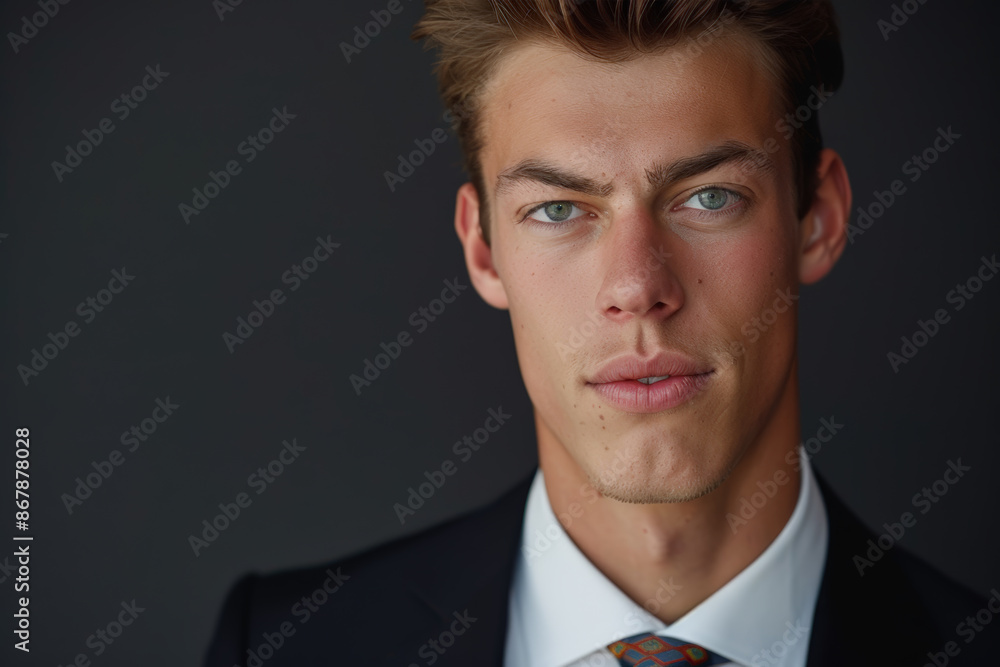 Close-up portrait of a young man of European descent, studio photo, against a sleek gray studio backdrop Close-up portrait of a young man of European descent, studio photo, against a sleek gray studio backdrop