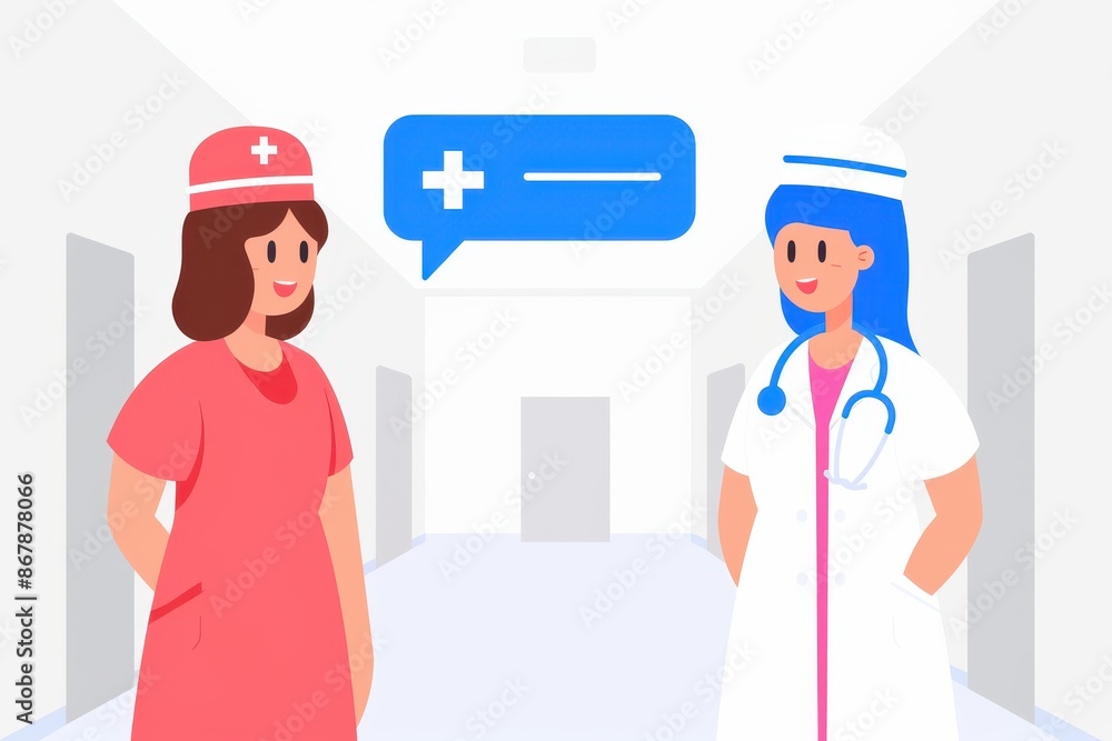 Medical staff in hospital setting with doctor and nurse in speech bubbles illustration. Medical staff in hospital setting with doctor and nurse in speech bubbles illustration.