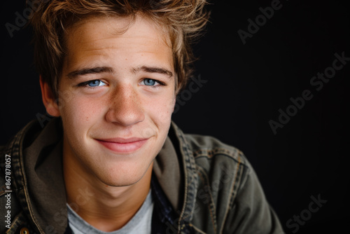 Close-up portrait of a young man of European descent, studio photo, against a sleek gray studio backdrop