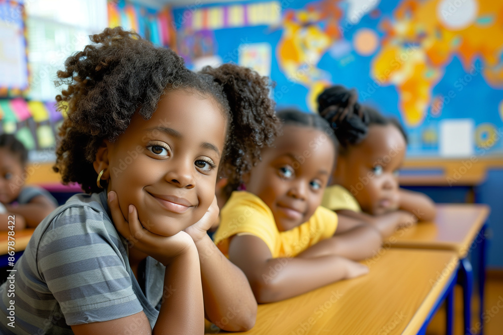 Black students sit at desks in a decorated classroom. The stage conveys the excitement and energy of the new school year, while colorful decorations create a festive atmosphere. Black students sit at desks in a decorated classroom. The stage conveys the excitement and energy of the new school year, while colorful decorations create a festive atmosphere.
