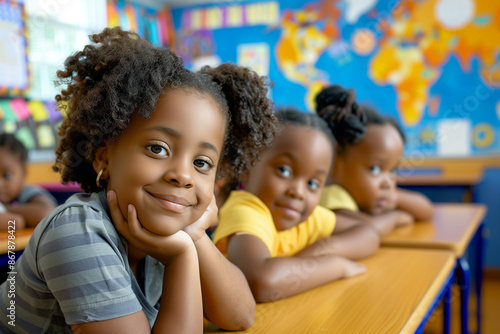 Black students sit at desks in a decorated classroom. The stage conveys the excitement and energy of the new school year, while colorful decorations create a festive atmosphere.