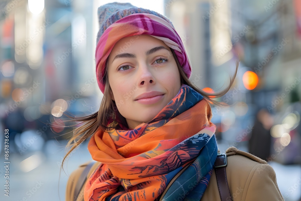 Stylish Woman in Colorful Scarf and Hat Enjoying a City Stroll Stylish Woman in Colorful Scarf and Hat Enjoying a City Stroll