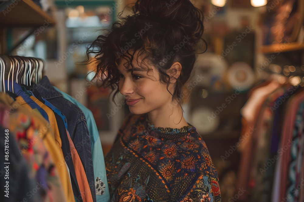 Woman Enjoying a Shopping Experience in a Cozy Boutique Woman Enjoying a Shopping Experience in a Cozy Boutique