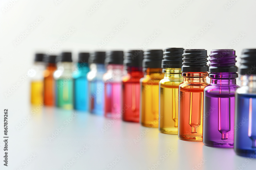 A row of rainbow color essential oil bottles lined up on a white surface with a gradient background in SPA, ideal for showcasing essential oils, aromatherapy products, or health and beauty concepts. A row of rainbow color essential oil bottles lined up on a white surface with a gradient background in SPA, ideal for showcasing essential oils, aromatherapy products, or health and beauty concepts.