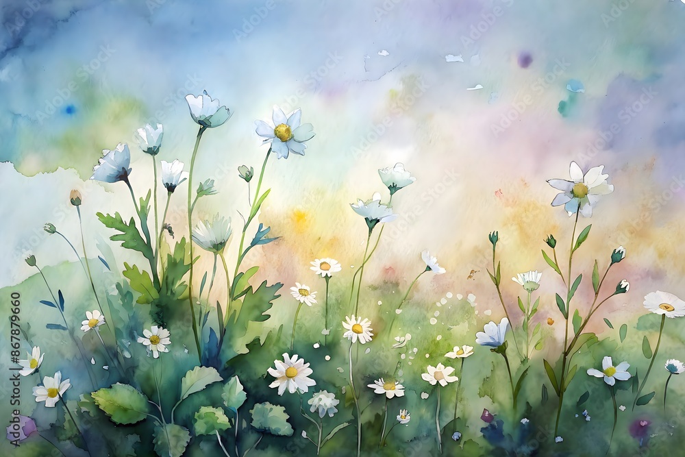 Watercolor Daisy Meadow Sunrise Pastel Sky Artistic Blossoms Nature