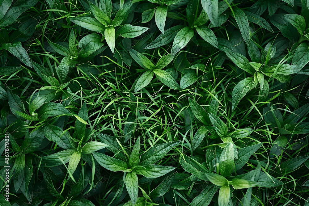Fototapeta premium Lush Green Foliage with Intertwined Grass Blades