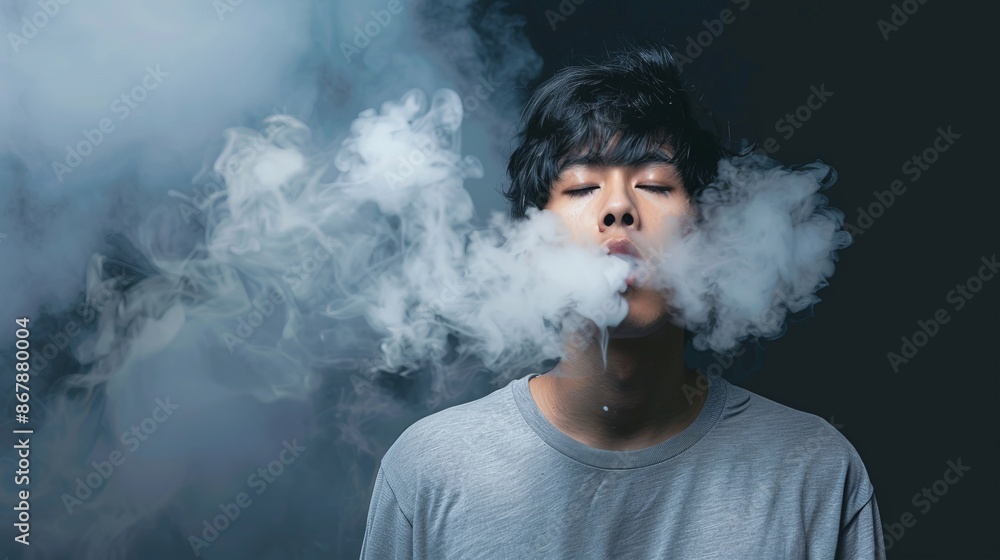 Young man blowing dense clouds of smoke with a serious expression. Artistic photograph capturing modern lifestyle elements. Dramatic lighting and contemplative mood in a portrait style. AI Young man blowing dense clouds of smoke with a serious expression. Artistic photograph capturing modern lifestyle elements. Dramatic lighting and contemplative mood in a portrait style. AI