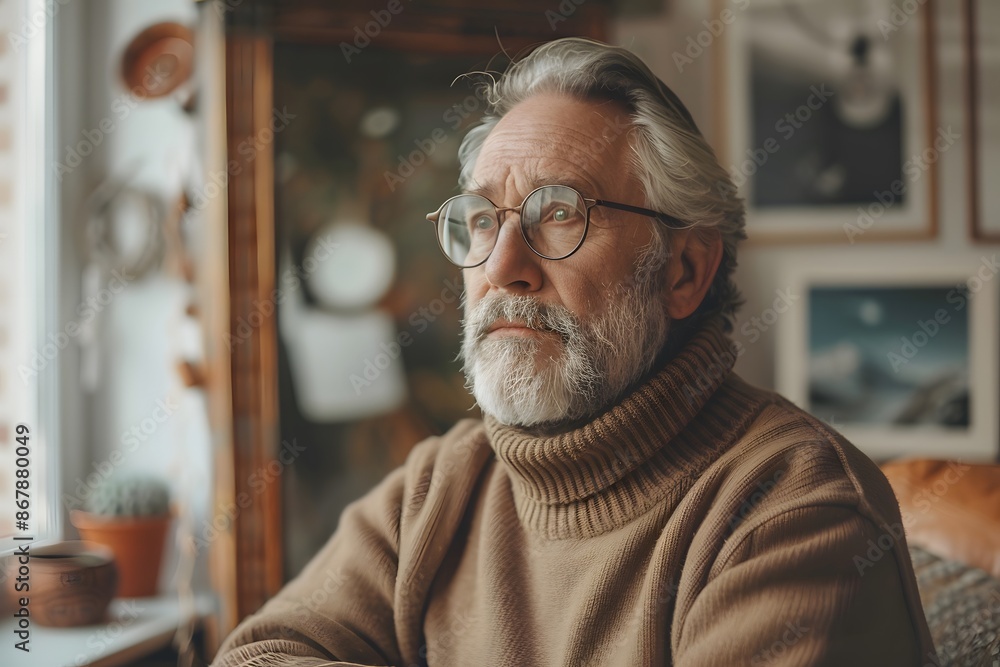 Thoughtful Elderly Man Gazing Out of Window in Cozy Home Setting Thoughtful Elderly Man Gazing Out of Window in Cozy Home Setting