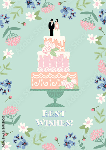 Vector illustration with wedding cake. Design element for wedding concept and other