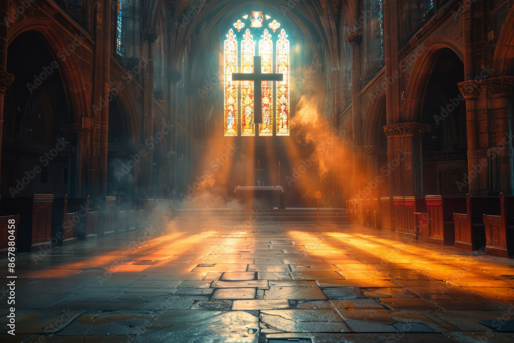 Beacon of Faith. Mystical light floods a cathedral, centering on a lone cross. Generative AI Beacon of Faith. Mystical light floods a cathedral, centering on a lone cross. Generative AI