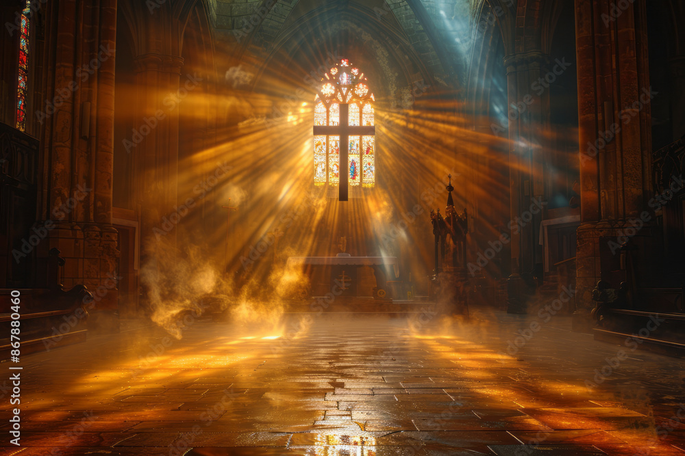Beacon of Faith. Mystical light floods a cathedral, centering on a lone cross. Generative AI Beacon of Faith. Mystical light floods a cathedral, centering on a lone cross. Generative AI