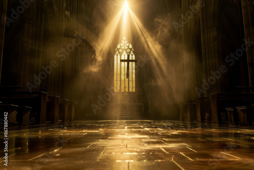 Beacon of Faith. Mystical light floods a cathedral, centering on a lone cross. Generative AI