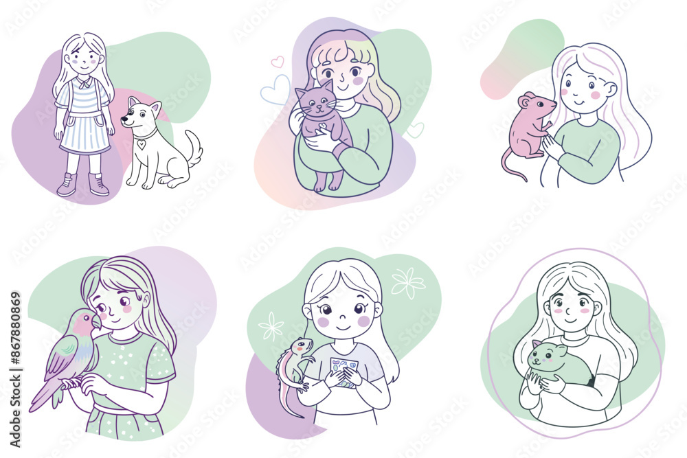 Collection of vector cartoon girl with different pet animals Collection of vector cartoon girl with different pet animals