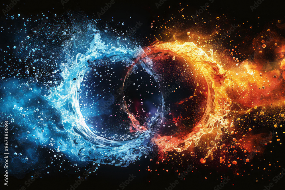Cosmic Collision. Colorful depiction of two proton particles colliding on black background. Generative AI Cosmic Collision. Colorful depiction of two proton particles colliding on black background. Generative AI