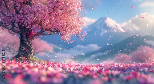 Pink Cherry Blossoms Falling In Front of a Mountain
