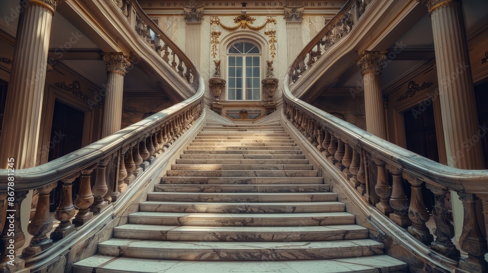 Obraz premium An elegant marble staircase with intricately carved railings