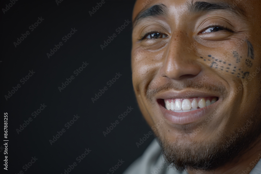 Fototapeta premium Close-up portrait of a young Indigenous man, studio photo, against a sleek gray studio backdrop