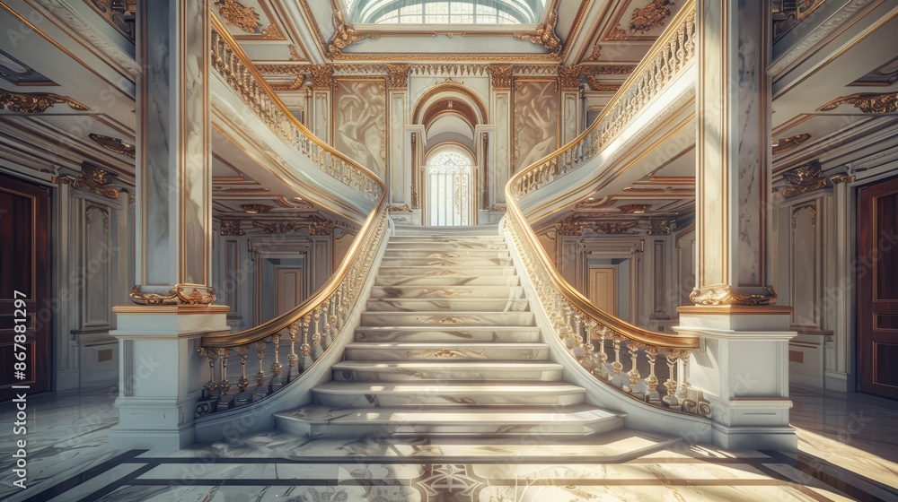 Obraz premium An elegant marble staircase with intricately carved railings