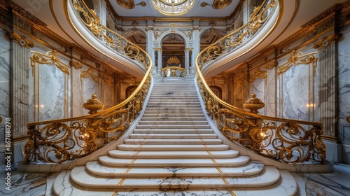 An elegant marble staircase with intricately carved railings