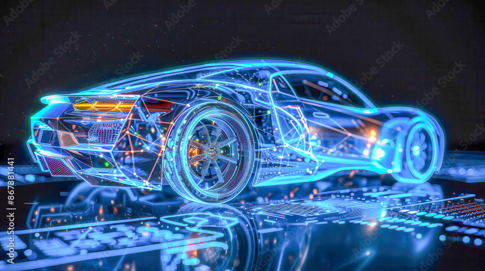 Colorful Holographic Car on Black Background Colorful Holographic Car on Black Background