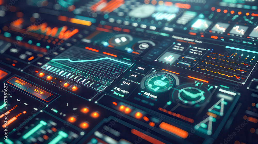 Holographic computer interface displaying dynamic data on a dark background Holographic computer interface displaying dynamic data on a dark background
