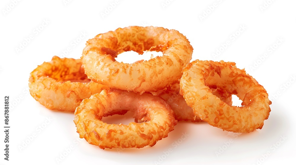 Crispy onion rings stacked a white background Crispy onion rings stacked a white background