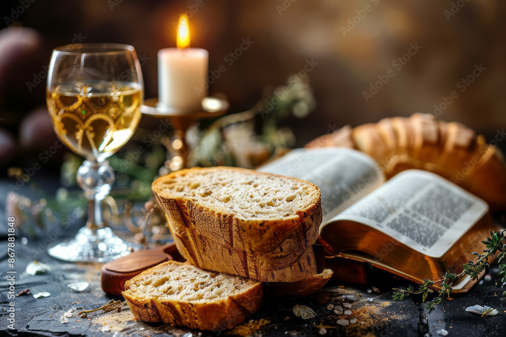 Eucharistic symbols. Lord's supper symbols: Bible, wine glass and bread on the table. Generative AI Eucharistic symbols. Lord's supper symbols: Bible, wine glass and bread on the table. Generative AI