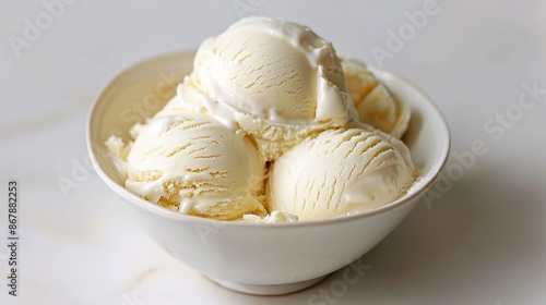 A bowl of vanilla ice cream on a white background, seen from up close.