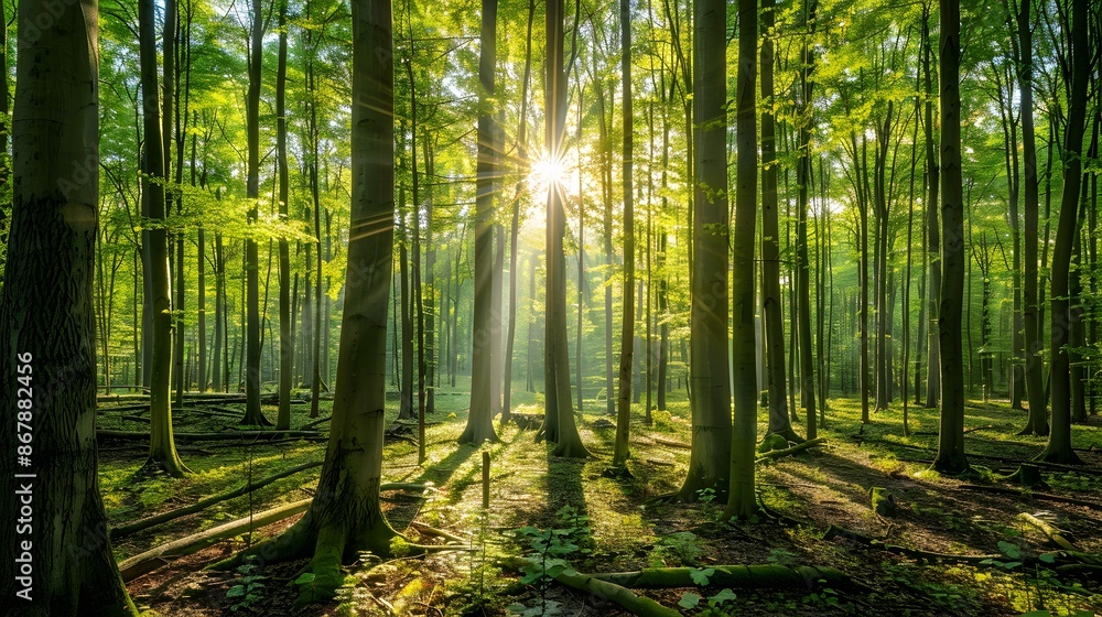 Obraz premium Sunlight streaming through the trees. The forest, the sun, the trees