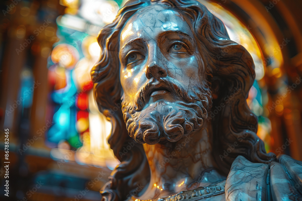 Jesus Christ. Statue of Jesus in a church, stained glass in background. Generative AI Jesus Christ. Statue of Jesus in a church, stained glass in background. Generative AI