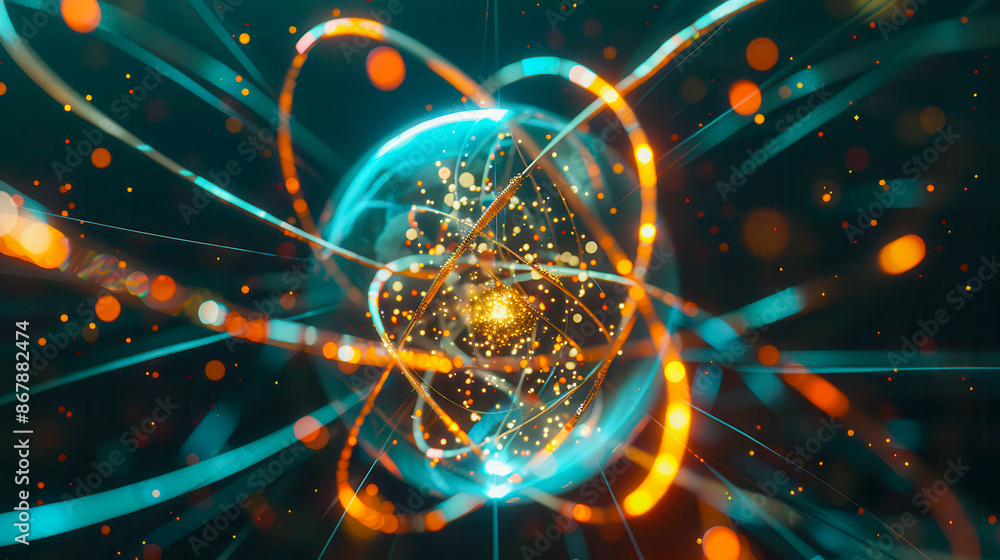 Holographic model of an atom, orbiting electrons, dark background Holographic model of an atom, orbiting electrons, dark background
