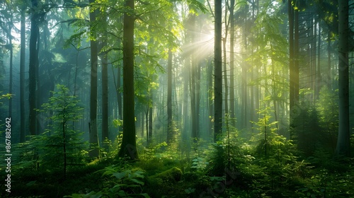 Sunlight streaming through the trees. The forest, the sun, the trees