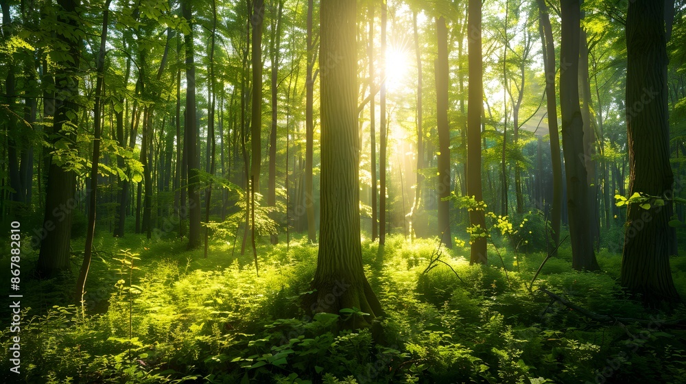 Fototapeta premium Sunlight streaming through the trees. The forest, the sun, the trees
