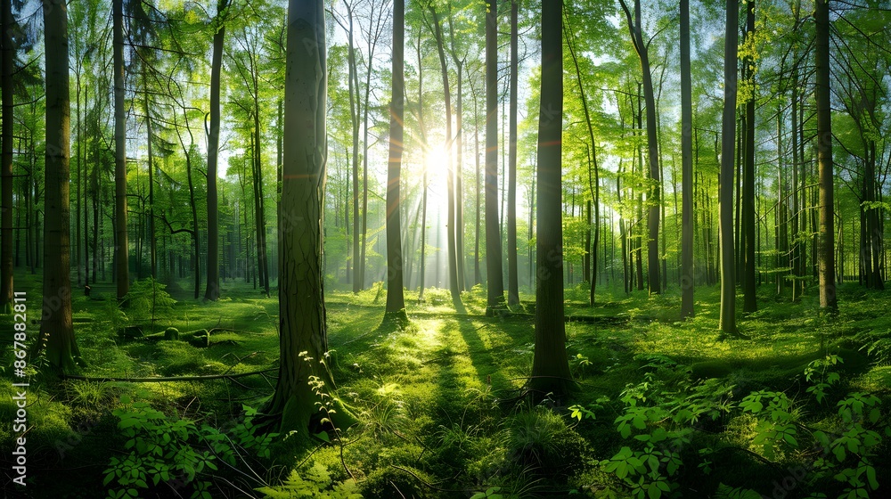 Sunlight streaming through the trees. The forest, the sun, the trees Sunlight streaming through the trees. The forest, the sun, the trees