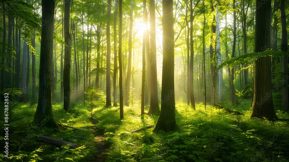 Obraz premium Sunlight penetrating the forest, sun, forest, sun reflections, trees