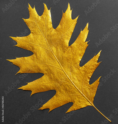 Gold painted red oak leaf (Quercus rubra) isolated on black paper