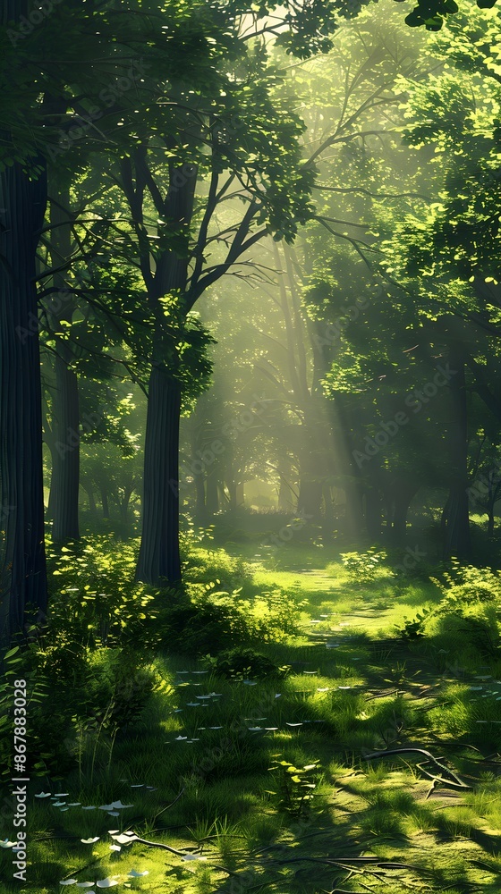 Fototapeta premium Sunlight penetrating the forest, sun, forest, sun reflections, trees