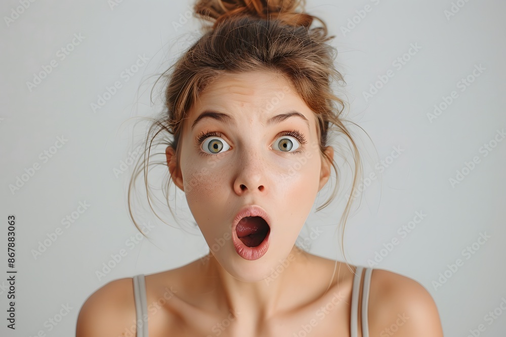 Woman Expressing Shock with Wide Eyes and Open Mouth Woman Expressing Shock with Wide Eyes and Open Mouth