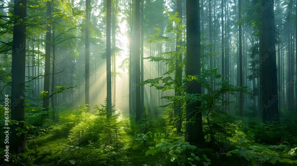 Obraz premium Sunlight penetrating the forest, sun, forest, sun reflections, trees