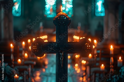 Illuminated Cross in a Candlelit Church