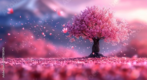 Pink Cherry Blossoms Falling In Front of a Mountain