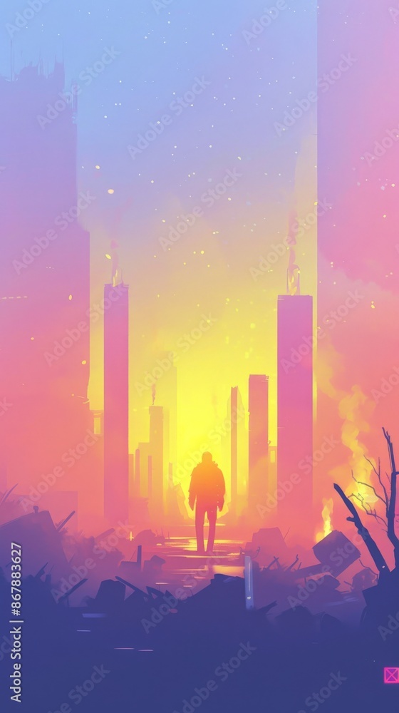 Fototapeta premium One person walks through city ruins at sunset