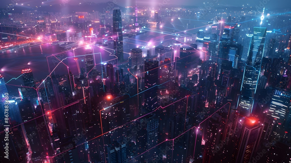 Obraz premium Networking, collaboration, big city, city of the future, cyber security