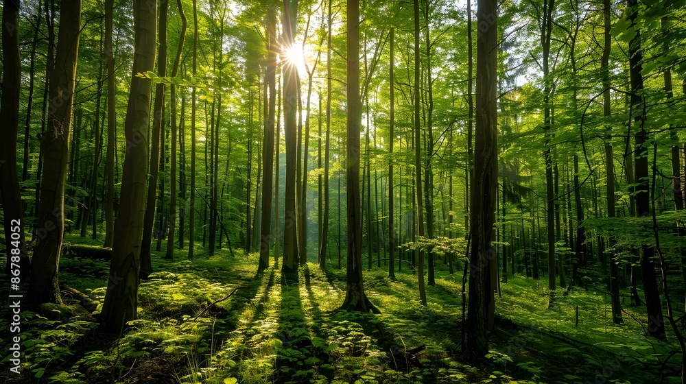 Naklejka premium Sunlight penetrating the forest, sun, forest, sun reflections, trees